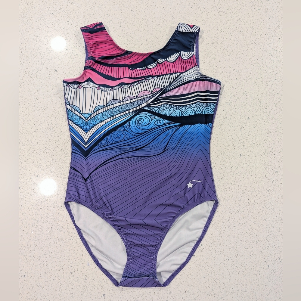 BEAUTIFUL Destira AM Medium Gymnastics Dance Leotard Purple Blue ARTWORK Swirls